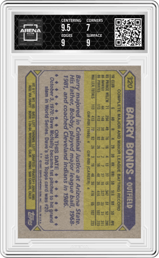 Barry Bonds from the 1987 Topps set graded by Arena Club and given an overall grade of 7.5.