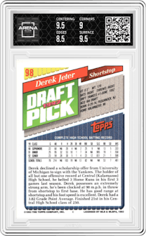 Derek Jeter from the 1993 Topps set graded by Arena Club and given an overall grade of 9.