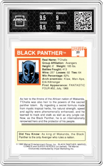 Black Panther from the 1990 Impel Marvel Universe  set graded by Arena Club and given an overall grade of 9.5.