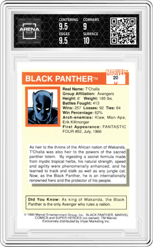 Black Panther from the 1990 Impel Marvel Universe  set graded by Arena Club and given an overall grade of 9.5.