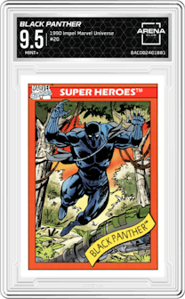 Black Panther from the 1990 Impel Marvel Universe  set graded by Arena Club and given an overall grade of 9.5.