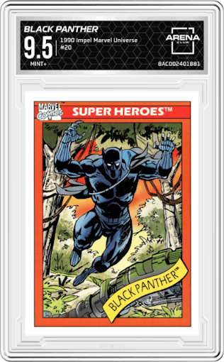 Black Panther from the 1990 Impel Marvel Universe  set graded by Arena Club and given an overall grade of 9.5.