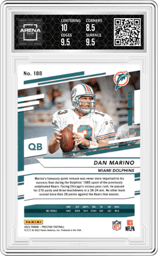 Dan Marino from the 2022 Panini Prestige set graded by Arena Club and given an overall grade of 9.