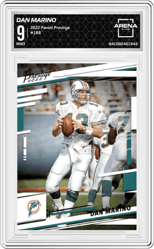 Dan Marino from the 2022 Panini Prestige set graded by Arena Club and given an overall grade of 9.