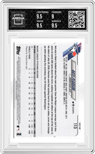 Nate Pearson from the 2021 Topps Series 1 set graded by Arena Club and given an overall grade of 9.5.