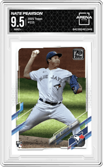 Nate Pearson from the 2021 Topps Series 1 set graded by Arena Club and given an overall grade of 9.5.