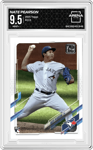 Nate Pearson from the 2021 Topps Series 1 set graded by Arena Club and given an overall grade of 9.5.