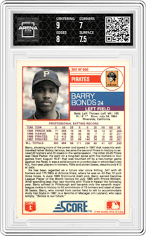 Barry Bonds from the 1988 Score set graded by Arena Club and given an overall grade of 7.5.