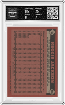 Reggie Jackson from the 1986 Topps set graded by Arena Club and given an overall grade of 7.5.