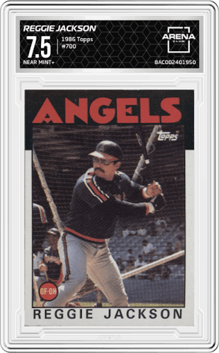 Reggie Jackson from the 1986 Topps set graded by Arena Club and given an overall grade of 7.5.