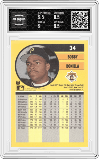 Bobby Bonilla from the 1991 Fleer set graded by Arena Club and given an overall grade of 9.