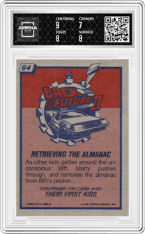 Retrieving the Almanac from the 1989 Topps Back to the Future Part II set graded by Arena Club and given an overall grade of 7.5.