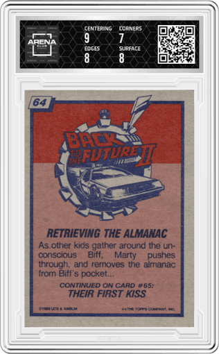 Retrieving the Almanac from the 1989 Topps Back to the Future Part II set graded by Arena Club and given an overall grade of 7.5.