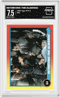 Retrieving the Almanac from the 1989 Topps Back to the Future Part II set graded by Arena Club and given an overall grade of 7.5.