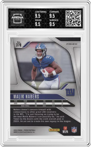 Malik Nabers from the 2024 Panini Prizm set featuring a Red/White/Blue Prizm parallel graded by Arena Club and given an overall grade of 9.5.