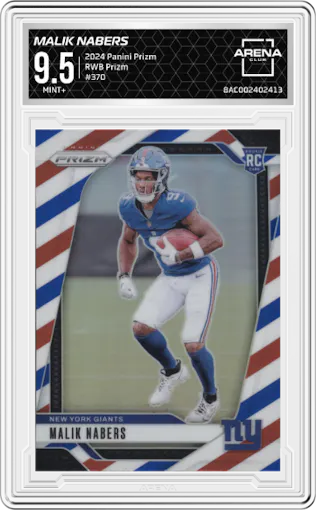 Malik Nabers from the 2024 Panini Prizm set featuring a Red/White/Blue Prizm parallel graded by Arena Club and given an overall grade of 9.5.