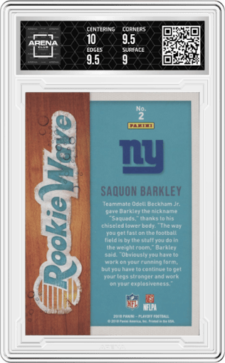 Saquon Barkley from the 2018 Panini Playoff set graded by Arena Club and given an overall grade of 9.5.