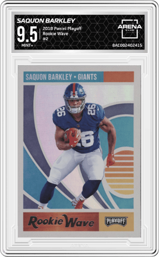 Saquon Barkley from the 2018 Panini Playoff set graded by Arena Club and given an overall grade of 9.5.