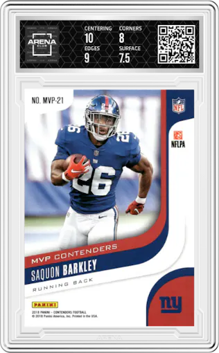 Saquon Barkley from the 2018 Panini Contenders set graded by Arena Club and given an overall grade of 8.