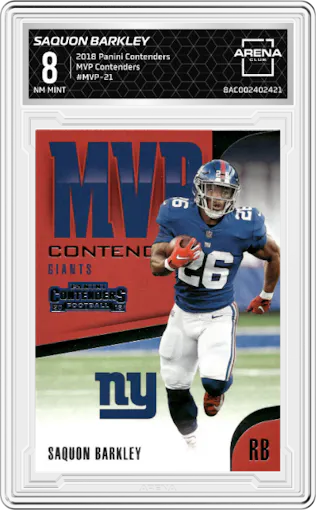 Saquon Barkley from the 2018 Panini Contenders set graded by Arena Club and given an overall grade of 8.