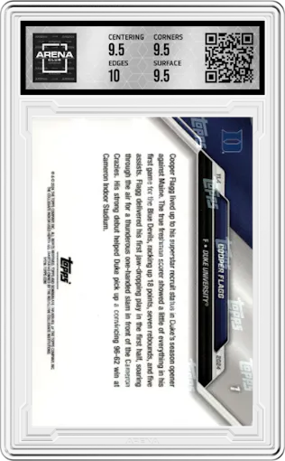 Cooper Flagg from the 2024-25 Bowman U Now set graded by Arena Club and given an overall grade of 10.