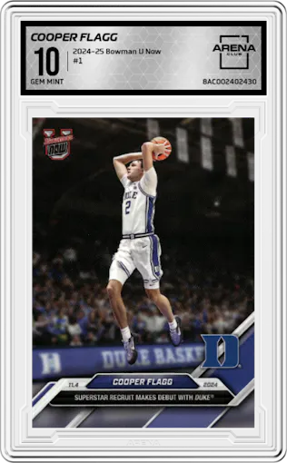 Cooper Flagg from the 2024-25 Bowman U Now set graded by Arena Club and given an overall grade of 10.