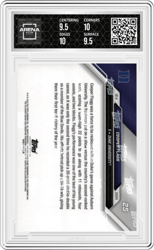 Cooper Flagg from the 2024-25 Bowman U Now set graded by Arena Club and given an overall grade of 9.