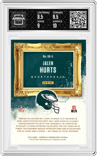 Jalen Hurts from the 2020 Panini Chronicles set graded by Arena Club and given an overall grade of 9.