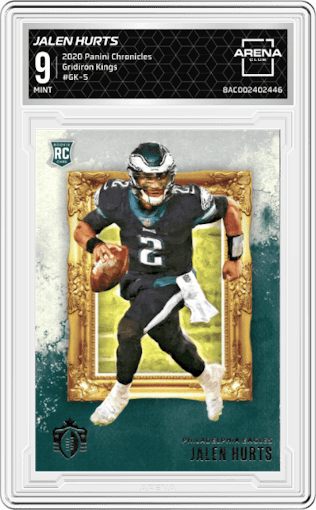 Jalen Hurts from the 2020 Panini Chronicles set graded by Arena Club and given an overall grade of 9.