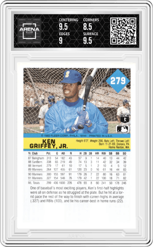 Ken Griffey, Jr. from the 1992 Fleer set graded by Arena Club and given an overall grade of 9.
