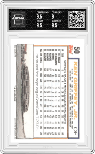 Ken Griffey, Jr. from the 1992 Topps set graded by Arena Club and given an overall grade of 9.5.