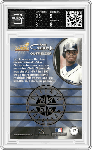 Ken Griffey Jr. from the 1999 Pacific Aurora set graded by Arena Club and given an overall grade of 8.5.