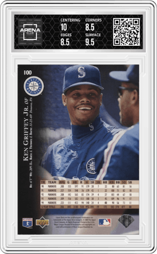 Ken Griffey Jr.  from the 1995 Upper Deck set featuring a Electric Diamond parallel graded by Arena Club and given an overall grade of 9.