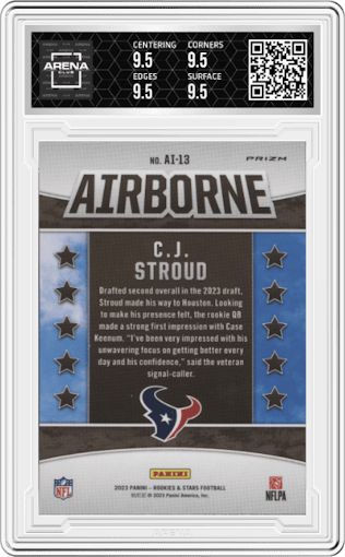 C.J. Stroud from the 2023 Panini Rookies & Stars set featuring a Red Plaid parallel graded by Arena Club and given an overall grade of 9.5.