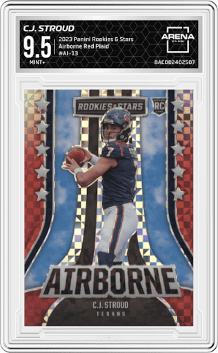 C.J. Stroud from the 2023 Panini Rookies & Stars set featuring a Red Plaid parallel graded by Arena Club and given an overall grade of 9.5.