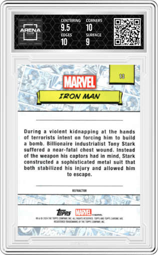 Iron Man from the 2024 Topps Chrome Marvel set featuring a Refractor parallel graded by Arena Club and given an overall grade of 9.5.