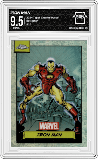 Iron Man from the 2024 Topps Chrome Marvel set featuring a Refractor parallel graded by Arena Club and given an overall grade of 9.5.