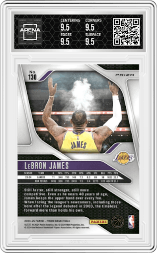 LeBron James from the 2024-25 Panini Prizm set featuring a Green Prizm parallel graded by Arena Club and given an overall grade of 9.5.
