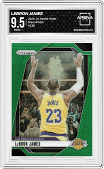 LeBron James from the 2024-25 Panini Prizm set featuring a Green Prizm parallel graded by Arena Club and given an overall grade of 9.5.