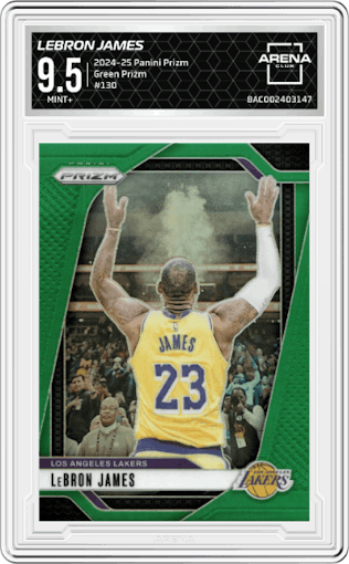 LeBron James from the 2024-25 Panini Prizm set featuring a Green Prizm parallel graded by Arena Club and given an overall grade of 9.5.