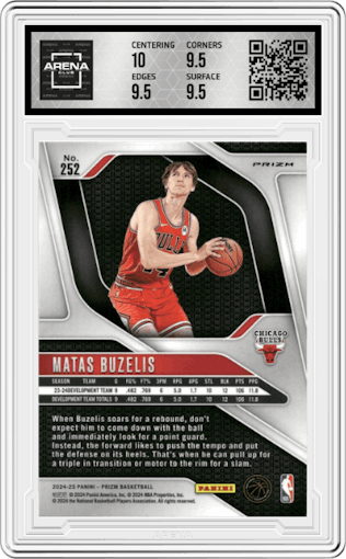Matas Buzelis from the 2024-25 Panini Prizm set featuring a Silver Prizm parallel graded by Arena Club and given an overall grade of 10.