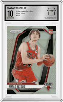 Matas Buzelis from the 2024-25 Panini Prizm set featuring a Silver Prizm parallel graded by Arena Club and given an overall grade of 10.
