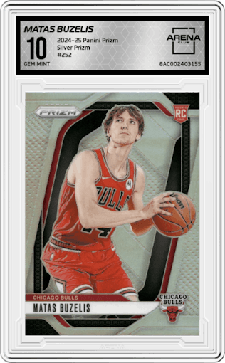 Matas Buzelis from the 2024-25 Panini Prizm set featuring a Silver Prizm parallel graded by Arena Club and given an overall grade of 10.