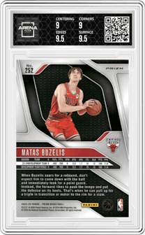 Matas Buzelis from the 2024-25 Panini Prizm set featuring a Pink Ice parallel graded by Arena Club and given an overall grade of 9.5.