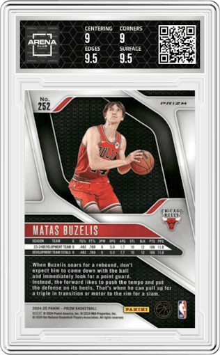 Matas Buzelis from the 2024-25 Panini Prizm set featuring a Pink Ice parallel graded by Arena Club and given an overall grade of 9.5.