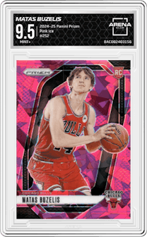 Matas Buzelis from the 2024-25 Panini Prizm set featuring a Pink Ice parallel graded by Arena Club and given an overall grade of 9.5.