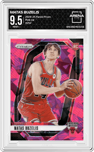 Matas Buzelis from the 2024-25 Panini Prizm set featuring a Pink Ice parallel graded by Arena Club and given an overall grade of 9.5.