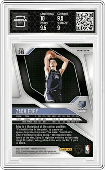 Zach Edey from the 2024-25 Panini Prizm set featuring a Red/White/Blue parallel graded by Arena Club and given an overall grade of 9.5.