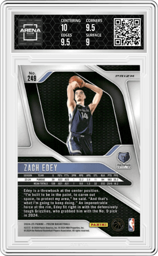 Zach Edey from the 2024-25 Panini Prizm set featuring a Red/White/Blue parallel graded by Arena Club and given an overall grade of 9.5.