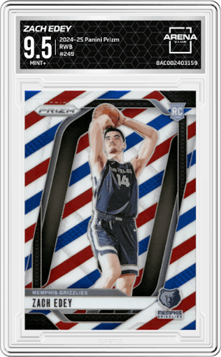 Zach Edey from the 2024-25 Panini Prizm set featuring a Red/White/Blue parallel graded by Arena Club and given an overall grade of 9.5.